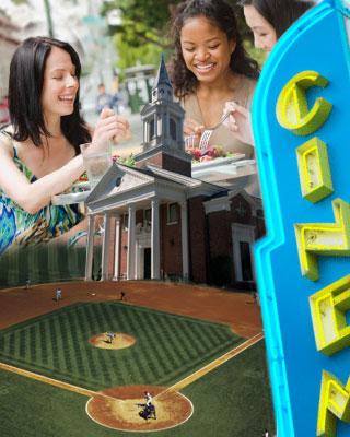 Photo of a variety of social activities-baseball game, theater, restaurant